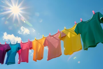 A row of colorful shirts hanging on a clothesline on a sunny day. The bright colors of the shirts contrast with the clear blue sky, creating a cheerful and uplifting mood