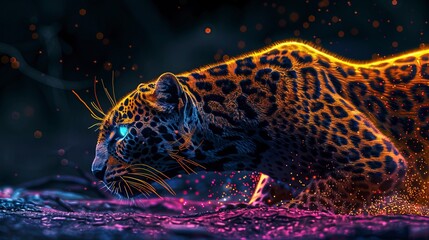 Leopard, abstract neon background.