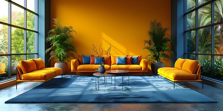 Modern office furniture plant interior with colorful workspaces suitable for Labor Day or Learning at Work Week. Concept Labor Day Decor, Learning at Work Week, Modern Office Furniture