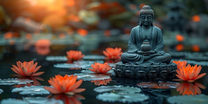 A statue of Buddha sits on a lotus flower in a pond
