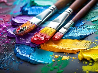 Fototapeta premium Three paintbrushes are on a table with a colorful paint palette