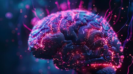 Human brain, abstract neon background.