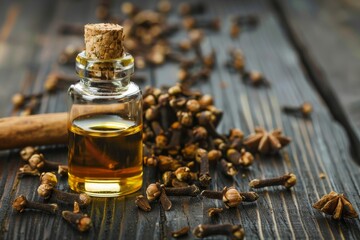 Clove essential oil and dried cloves on dark wooden background both in glass containers