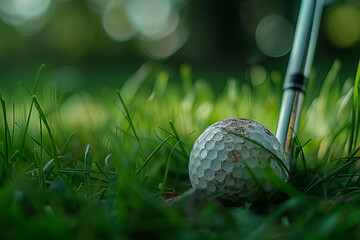 Golf ball on artificial grass in blue sky,Golf on tee. - obrazy, fototapety, plakaty