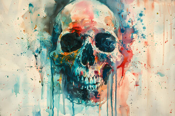 a watercolor painting of a skull with paint splatters on it's face and the skull's lower half covered in multi - colored splats.