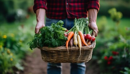 A man is holding a basket full of vegetables, including carrots, tomatoes, and green beans. The basket is overflowing with fresh produce, and the man is proud of his harvest. - obrazy, fototapety, plakaty