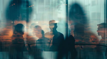 Figures huddled together in a meeting room their expressions blurred  AI generated illustration