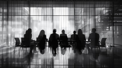 Figures gather around a conference table their details obscured raw AI generated illustration