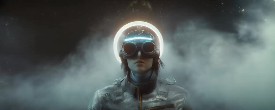 Portrait of steampunk girl wearing a glasses standing with nimbus in front of gray cosmic fog light background. Anamorphic 4K
