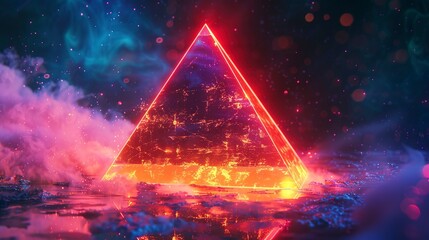 Triangular pyramid, abstract neon background.