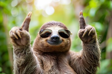 Fototapeta premium A sloth wearing sunglasses and holding up its middle finger