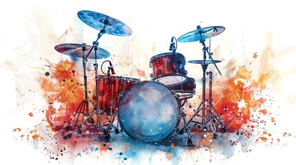 Watercolor Style Drum Set on White Background Generative AI