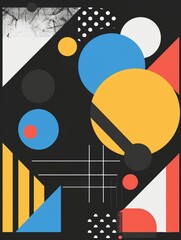 retro futuristic vertical poster in Y2K style made in minimalistic style on black background with geometric shapes and dots, retro color palette