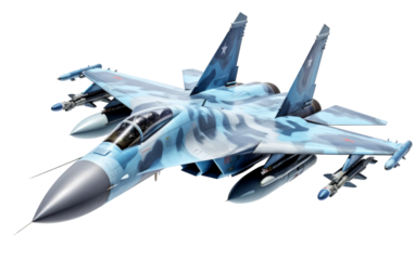 A fighter jet streaks through the white sky