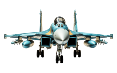 A fighter jet streaks through the sky against a stark white background