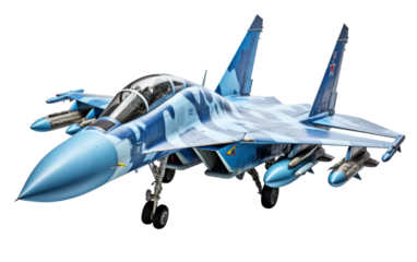 A sleek blue fighter jet gracefully glides through the air