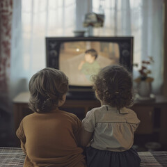 Children watching TV. Retro nostalgia vibe. Shot with analog camera on film