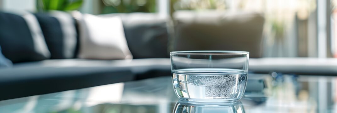 Glass of fresh clean water on table.