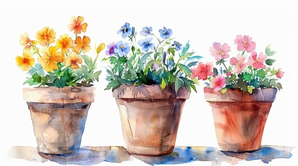 Watercolor Flower Pots on White Background Generative AI - obrazy, fototapety, plakaty