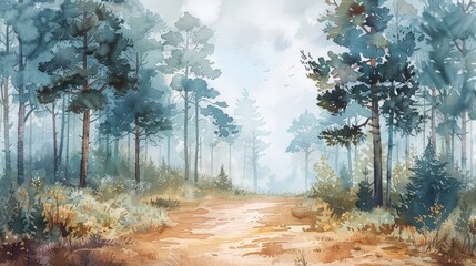 Serene Pine Forest Watercolor on White Generative AI
