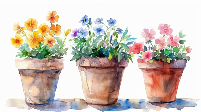 Watercolor Flower Pots on White Background Generative AI