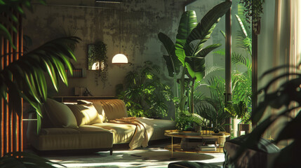 Interior of a cozy room with large house plants and a sofa