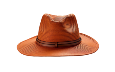 A vibrant orange hat with a sleek leather band resting on a surface