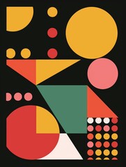 retro futuristic vertical poster in Y2K style made in minimalistic style on black background with geometric shapes and dots, retro color palette