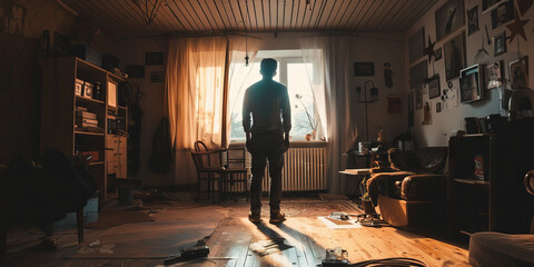 A man standing in the middle of a room and watching through the window