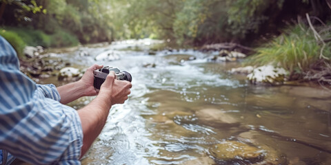 Man taking a picture of the river with analog camera