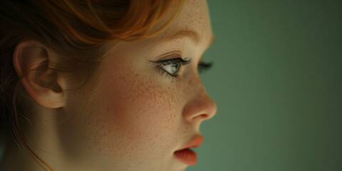 Profile close up of a beautiful young girl with ginger hair and freckles. 