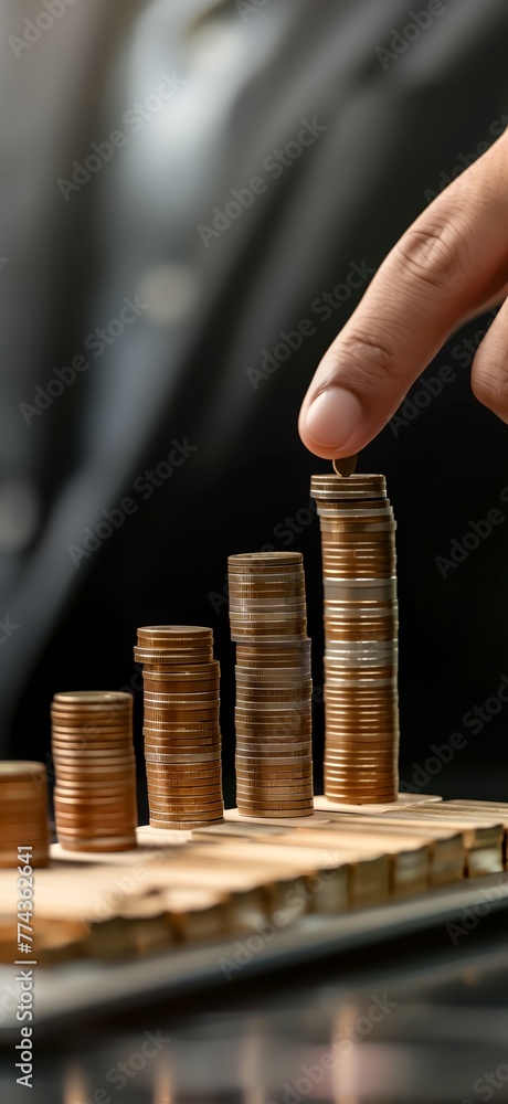 Poster a person is pointing at a stack of coins on a table