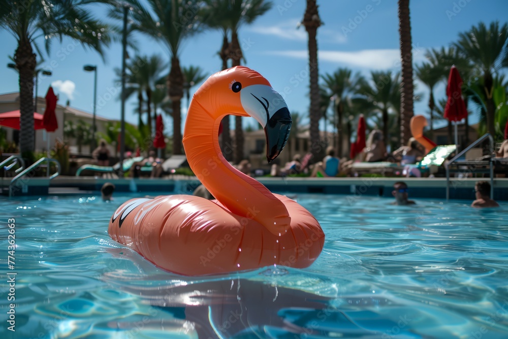 Poster a flamingo float is floating in a pool with people swimming and lounging around