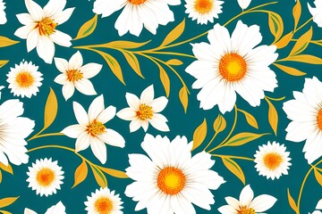 White flowers seamless pattern on green background
