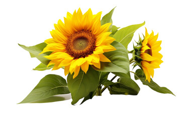 Two vibrant sunflowers with green leaves sway gracefully against a clean white backdrop