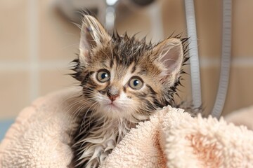 Cute kitten freshly bathed - obrazy, fototapety, plakaty