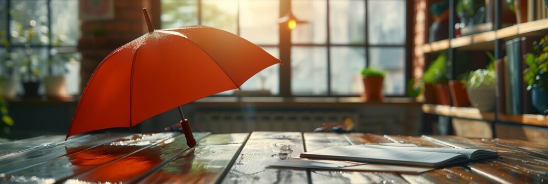 A red umbrella is sitting on a table in a room