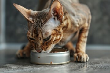 Devon Rex loves canned tuna Provide top quality nutrition for your cat Natural fish soup Tabby cat eating from plate on floor