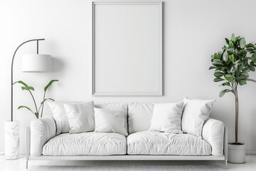 Empty vertical picture frames on white wallpaper in a modern living room with white sofa, copy space, 3D rendering. - Powered by Adobe