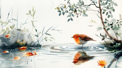 Cute Bird Illustration: Watercolor Art of a Little Stream Creating Ripples Generative AI
