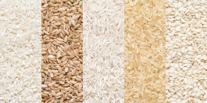 Collage of different varieties of uncooked rice.