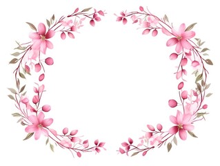 Pink thin barely noticeable flower frame with leaves isolated on white background pattern