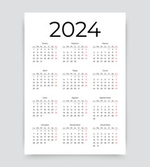 Spanish 2024 calendar. Calender grid with 12 month. Vector illustration.
