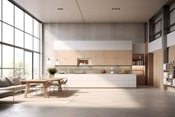 A large, open kitchen with a wooden countertop and a white sink
