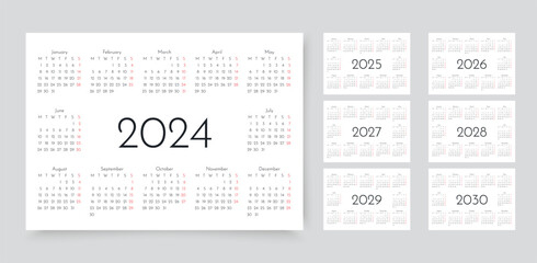 Calendar for 2024, 2025, 2026, 2027, 2028, 2029, 20230 years. Pocket wall calendars templates.