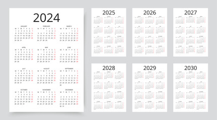 Calendar for 2024, 2025, 2026, 2027, 2028, 2029, 20230 years. Calender layout. Week starts Monday.