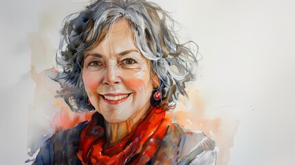 Middle-Aged Woman in Watercolor Smile Generative AI - obrazy, fototapety, plakaty