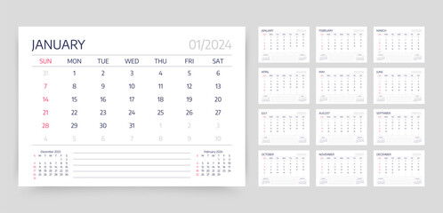 2024 year planner. Calendar template. Vector illustration. Week starts Sunday.
