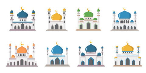 Fototapeta premium Vector cartoon flat islamic mosque set. Ramadan muslim icons collection isolated on white background. Arabian mosque buildings with minarets. Eid Al-Fitr illustration.