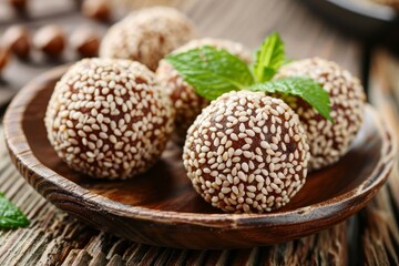 Closeup of tasty sesame balls with red bean paste on wooden surface